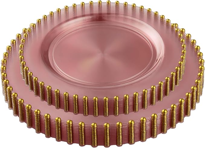 PLASTICPRO 64 Piece Combo Plastic Dinner Plates Disposable Plastic Fancy Heavy Duty Party Dishes 7 inch and 10 inch, Translucent Rose and Gold Beaded