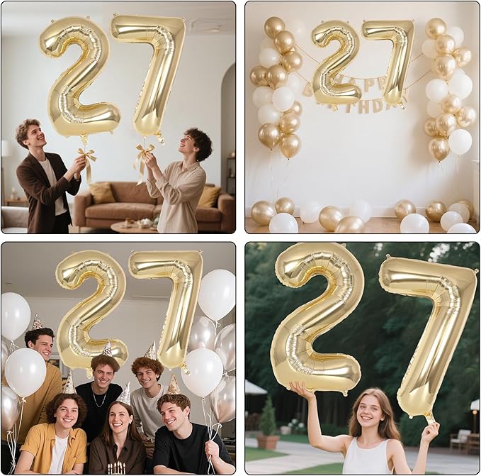 Champagne Gold Large Number 27 Balloon, 40 Inch Light Gold Foil Helium Number Balloons, Giant Mylar Number 27 Balloons for 27 Years Old Birthday Party Anniversary Decorations (Champagne Gold 27)