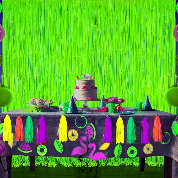 2 Pack Glow in The Dark Party Curtains, Neon Party Decorations 6.6 x 6.6 ft Fluorescent Macaron Yellow Tinsel Foil Fringe Curtains, Photo Booth Prop Backdrop Streamers, Birthday Halloween Party Decor