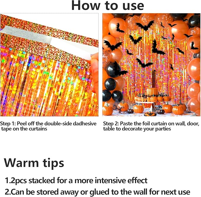 4 Packs Orange Foil Fringe Curtain, Orange Glitter Metallic Tinsel Backdrop for Birthday, Wedding, Baby Shower, Halloween, Thanksgiving, Friendsgiving, Fall Party Decorations Supplies