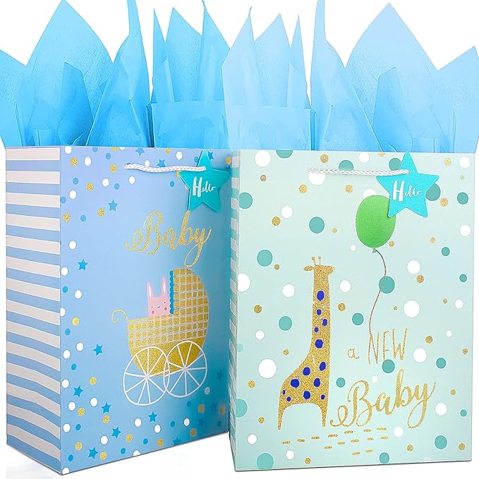 Gift Bag for Baby Boy,12.6" Large Gift Bags with Tissue Paper,Gift Bag for Baby Shower Bag with Gold Foil Design, Paper Gift Bag for Newborn,Baby,New Moms,Gift Wrap Baby Shower Bag for Baby Boy Baby Girl,Baby Birthday Gift Bags with Handles,Cute Presen...