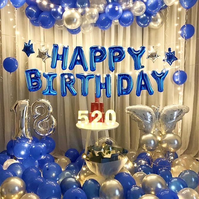 CANREVEL Happy Birthday Banner 13pcs 16 Inch Mylar Foil Letters Sign Balloons with LED Lights Birthday Party Decorations for Kids and Adults - 3D Blue