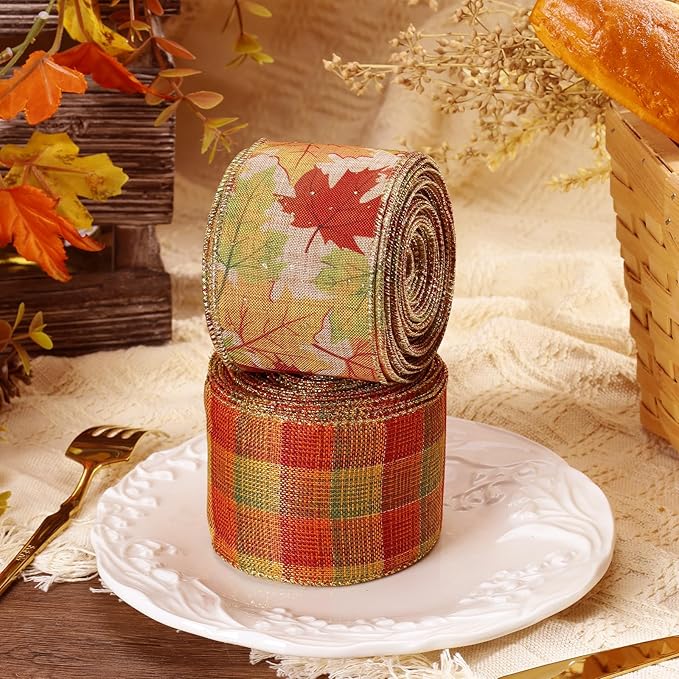 LaRibbons Fall Burlap Plaid Ribbon Wired 2 1/2" x 10 Yards 2 Rolls, Maple Leave Plaid Ribbon for Autumn Wreath Thanksgiving Farm Gift Wrapping Home Decor
