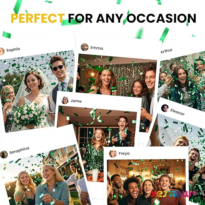 Confetti Cannon Poppers Green, Green Mylar Confetti Party Poppers for Graduation, Birthday Party, Nature Party Christmas Eve and New Year Celebration St. Patrick's Day - 6 PACK