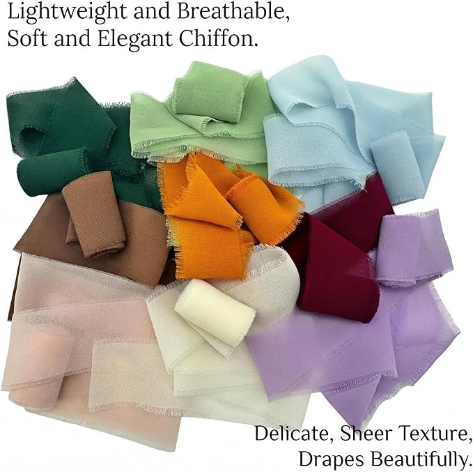 9 Pack Chiffon Ribbon 1.5 Inch x 22.5 Yards Total, Handmade Fringe Silk Ribbon for DIY Crafts, Junk Journal Supplies, Gift Wrapping, Wedding Invitations and Corsage Wristlet