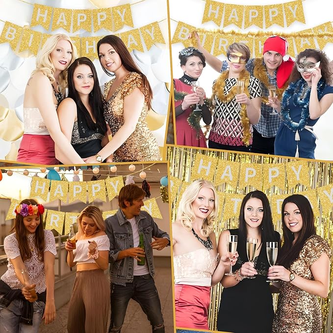 Gold Happy Birthday Banner - 16 ft Pre-Strung Gold Birthday Party Decorations Sign for Girls, Boys, Kids, Women - No DIY Hanging Backdrop for Indoor & Outdoor Celebrations