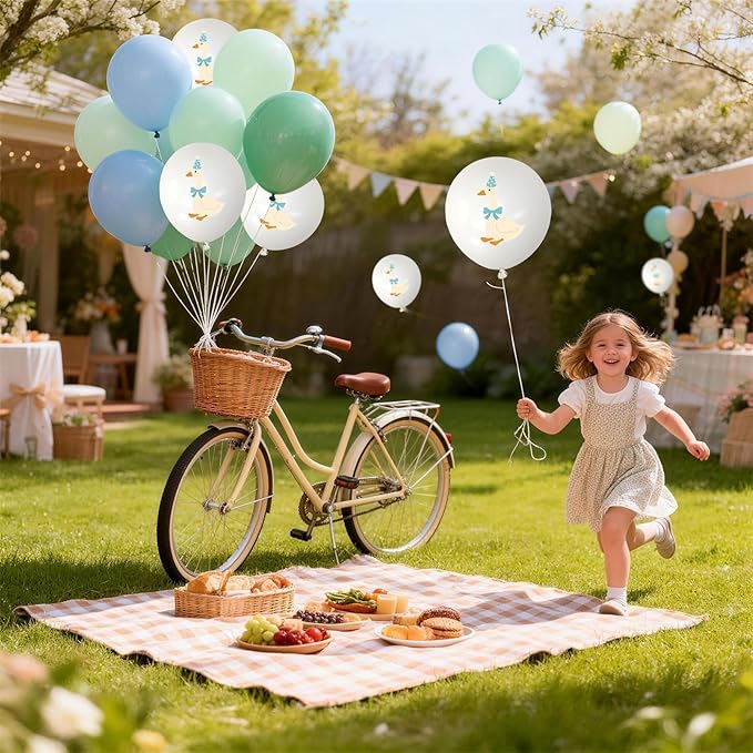 Silly Blue Bow Goose Balloons Set, 12 Inch Pastel Blue Sage Green White Goose Print Latex Balloons for Boy Girl 1st 2nd One Silly Goose Theme Birthday Baby Shower Party Decorations