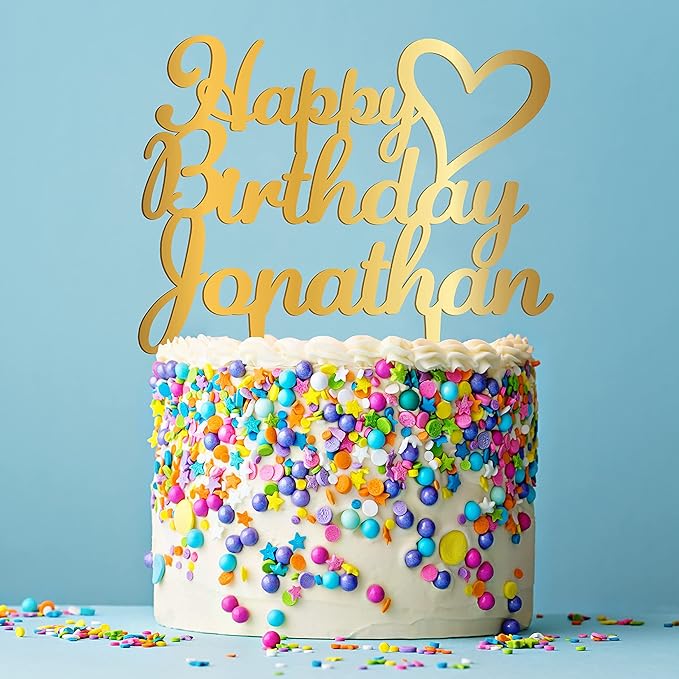 Personalized Birthday Cake Topper - Happy Birthday Cake Toppers w/Name and Heart - Custom Acrylic Cake Decorations, Birthday Cake Topper for Birthday Party - 3 Mirrored Acrylic Colors