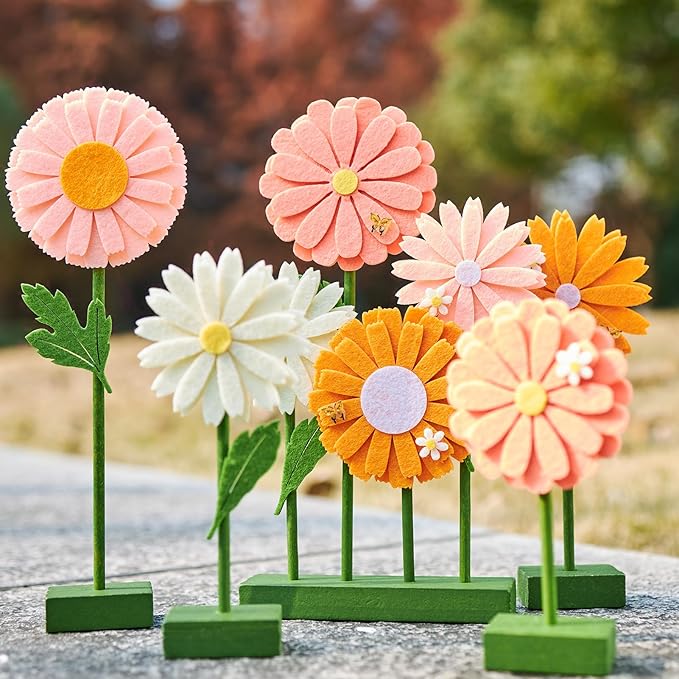 SUNBEAUTY 8 PCS Daisy Felt Centerpieces for Tables Flower Birthday Decorations Daisy Birthday Party Decorations Pink Orange Spring Floral Table Decor for Girl Birthday Baby Shower Garden Home Decor