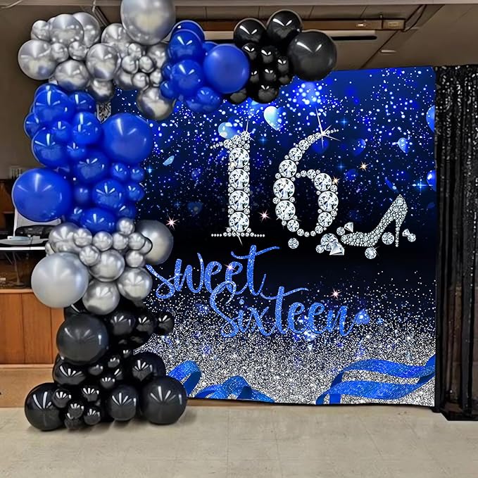 Mocsicka Blue and Silver 16th Birthday Backdrop Early 2000s Blue Heart Glitter Diamonds Background Girls Sweet Sixteen Birthday Party Supplies (8x8ft(96x96 inch))