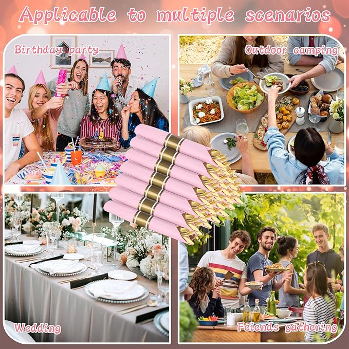 Supernal Gold Plastic Silverware Set with Pre Rolled Pink Napkin-Disposable Cutlery with Pink Linen Napkin Gold, Wrapped Plastic Silverware Heavy Duty Suit for Birthdays, Parties, Weddings 30Packs