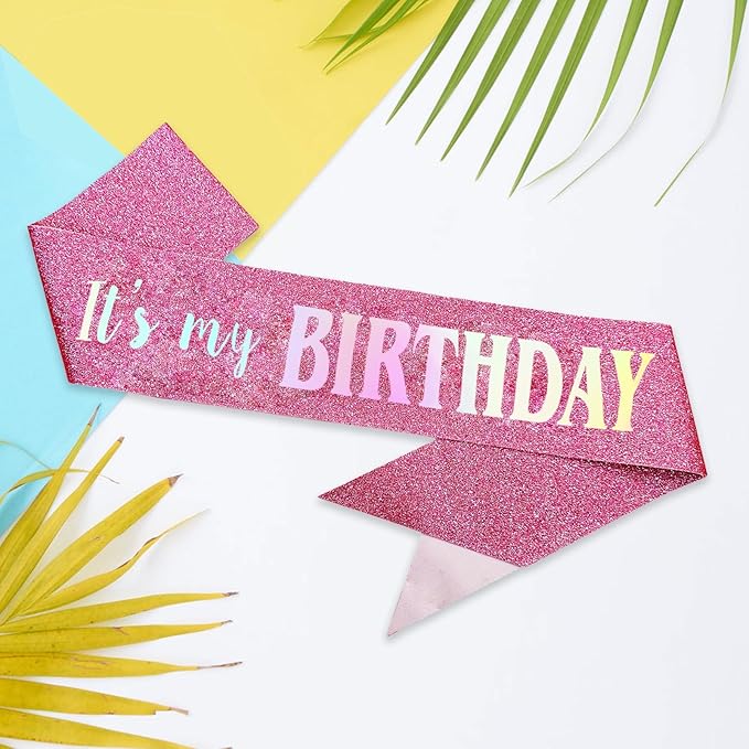 It's My Birthday Sash, Dazzle Foil Letter Glitter Pink Birthday Sash for Women Girl Kids Teenager Funny Bday Gifts Party Favors Photo Prop