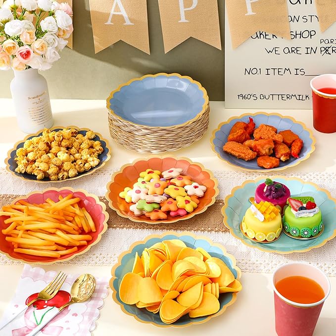 96 Pcs Blue and Orange Paper Plates 9 Inch Gradient Scalloped Paper Plates Disposable Dinner Dessert for Birthday Wedding Bridal Party Supplies, 6 Colors