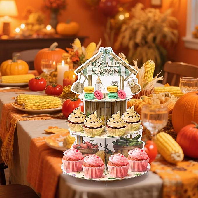 Locally Grown Baby Shower Cupcake Stand - 3 Tier Farmers Market Theme Cupcake Holder Vegetable Fruit Garden Baby Shower Dessert Cake Tower Displays for Kids Birthday Gender Reveal Party Decor