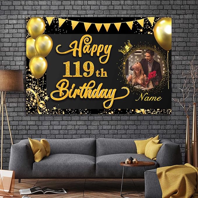 Custom 119th Birthday Banner - 119 Years Old Decorations Backdrop - Personalized Happy Birthday Party Decorations - Black Gold