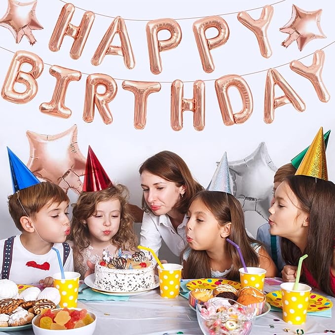 CANREVEL Happy Birthday Banner 13pcs 16 Inch Mylar Foil Letters with 12pcs Star Balloons Birthday Party Decorations for Kids and Adults - 3D Rose Gold
