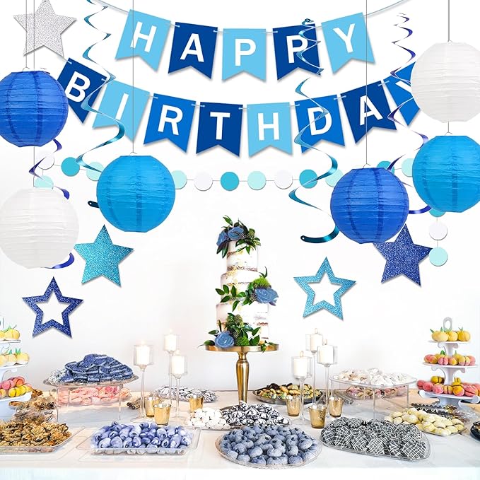 Happy Birthday Decorations, Blue Birthday Party Decorations Set with Happy Birthday Banner, Paper Lanterns, Star Swirl Hanging Decorations & Circle Dots Garland