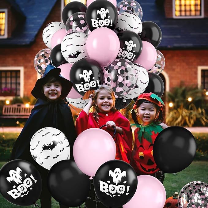 FunHot Halloween Party Balloons, 60Pcs Pink Black Halloween Balloon, 12 Inch Black Pink Confetti Balloons Bat Ghost BOO Printed Pattern Balloon with Ribbons for Kids Birthday Halloweens Decoration
