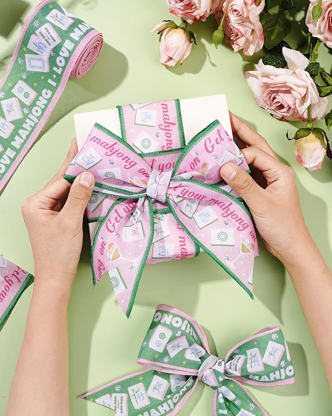 2 Rolls Mahjong Wired Edge Ribbon 2.5 Inch 10 Yards Mahjong Party Decorations Pink and Green Mahjong Theme Ribbon with Tiles, Cocktail & Dice for Game Night Decor, Gift Wrap, DIY Crafts