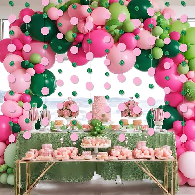Outus 10 Pieces Pink,Green Round Dots Garland Graduation Party Hanging Decor Each Length 13.1ft Glitter Paper Dot Streamers for Birthday Wedding Classroom Supplies