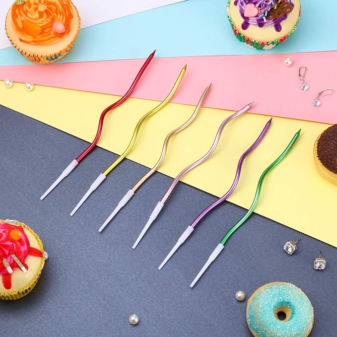 48 Pieces Twisty Birthday Spiral Cake Candles with Holders Long Thin Curly Coil Metallic Cake Cupcake Candles for Birthday Wedding Party Decoration(Metallic Colorful)