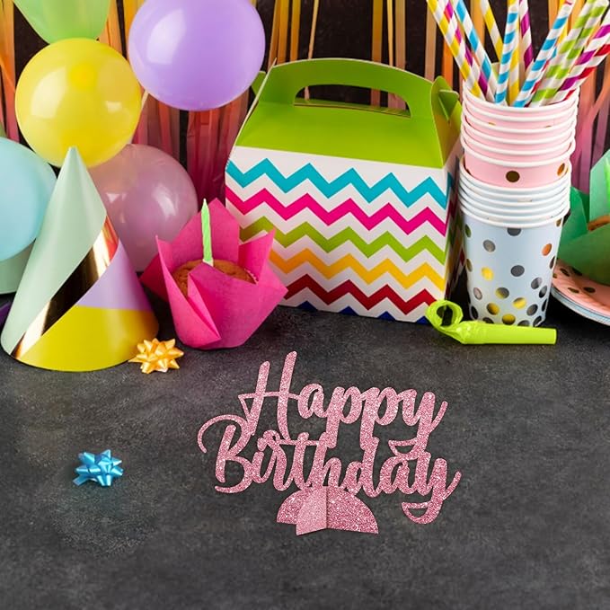Happy Birthday Table Centerpiece, Pink Glitter Birthday Party Paper Free Standing for Women Men, HBD Script Table Centerpiece for Bday Party Supplies