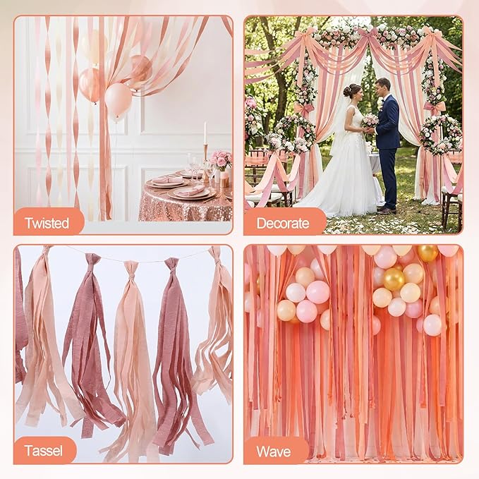 Crepe Paper Streamers 9 Rolls 738ft, Pack of Metallic Rose Gold Baby Pink Crepe Paper for Party Decorations, Birthday Decorations, Baby Shower Decorations, 1.77 Inch x 82 Ft/Roll