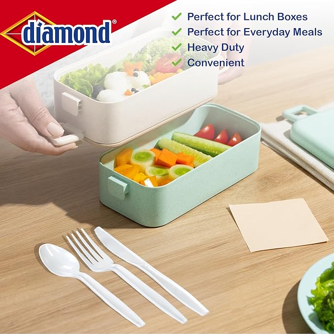 Diamond® Heavy Duty Disposable Cutlery Set 240 Count – 80 Forks, 80 Spoons, 80 Knives, Durable Plastic Utensils, Reusable Tray, Lunch, Parties, Events, Made in USA