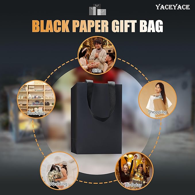 Black Gift Bags with Handles, 10 Pcs 5.25"x3.75"x8" Kraft Paper Bags for Wedding, Party, Business, Retail