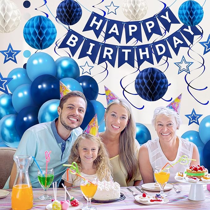 ZERODECO Birthday Decorations, Easy to Assemble Blue Happy Birthday Banner with Honeycomb Ball, Balloon, Hanging Swirl Streamer, Garland, Happy Birthday Party Decorations for Women Men Boys Girls