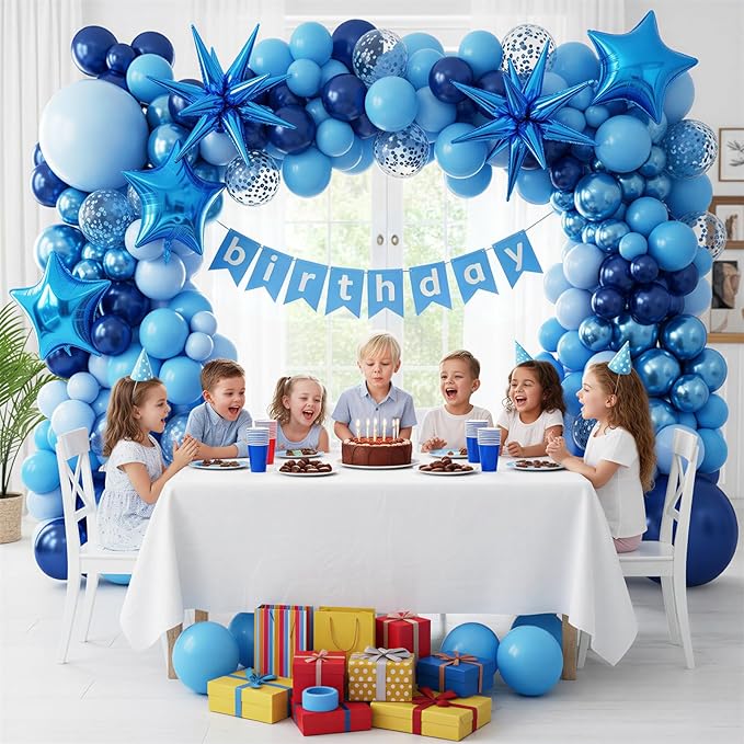RUBFAC 140pcs Blue Balloon Garland Arch Kit, Metallic Blue Confetti Star Latex Navy Balloons for Winter Wonderland Baby Shower Birthday Christmas New Years Eve Graduation Anniversary Decorations