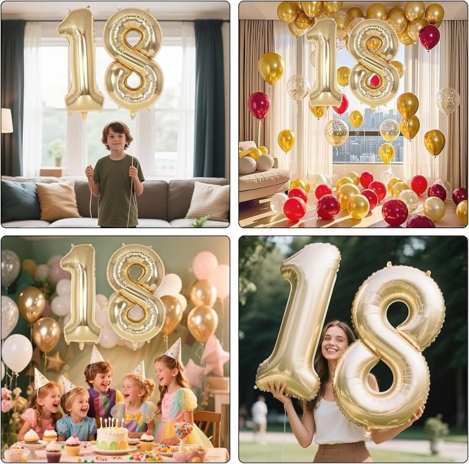 Champagne Gold Large Number 18 Balloon, 40 Inch Light Gold Foil Helium Number Balloons, Giant Mylar Number 18 Balloons for 18 Years Old Birthday Party Anniversary Decorations (Champagne Gold 18)