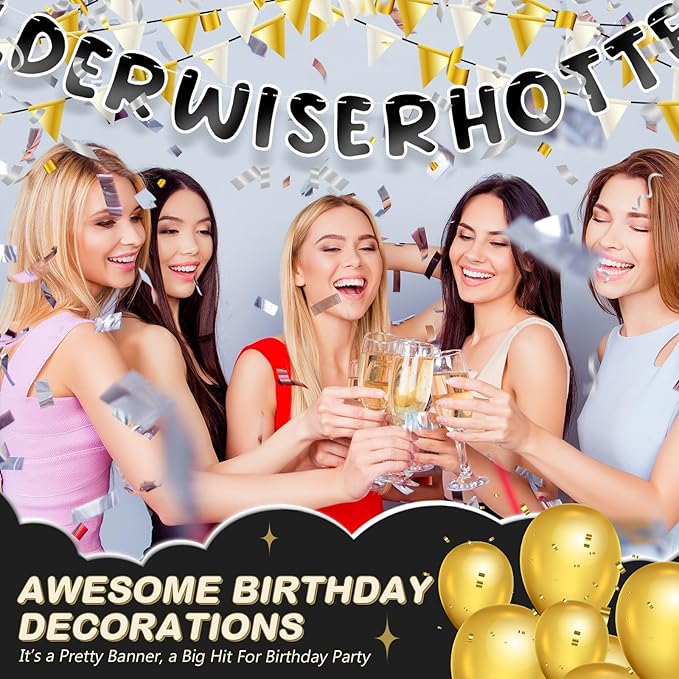 Fulmoon Set of 3 Pre Strung Older Wiser Hotter Glitter Banner Funny Birthday Banner for Women 30th 40th 50th 60th 70th 80th Birthday Party Decorations Sign Gift(Bright Black and White)