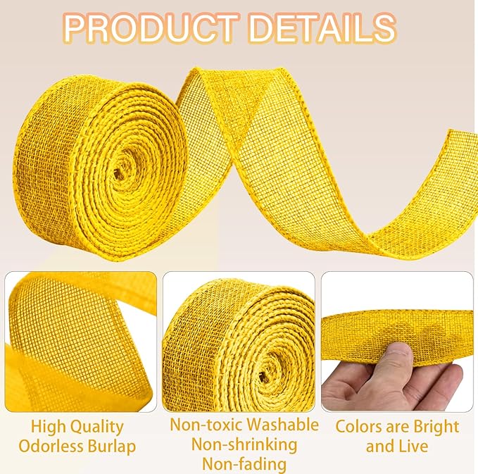 Gold Yellow Burlap Ribbon 1-1/2 inch X 10 Yard Natural Burlap Ribbons Woven Wired Ribbon DIY Handmade Edging Production Wreath Holiday Decoration Gift Wrapping Yellow Gold Ribbons