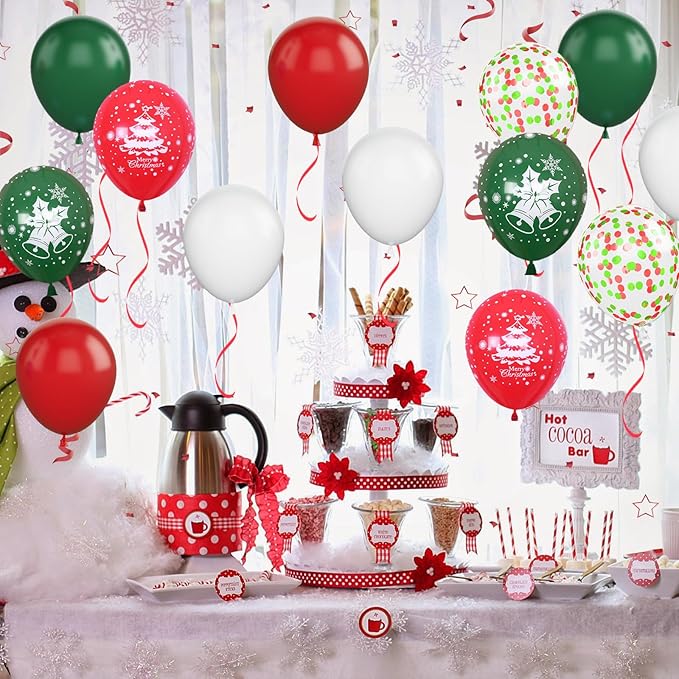 Christmas Balloons, 12 Inch Green Red White Xmax Balloons with Deer Christmas Tree Printed Balloons Red Green Confetti Balloons for Christmas Party Baby Shower Birthday Decorations Supplies