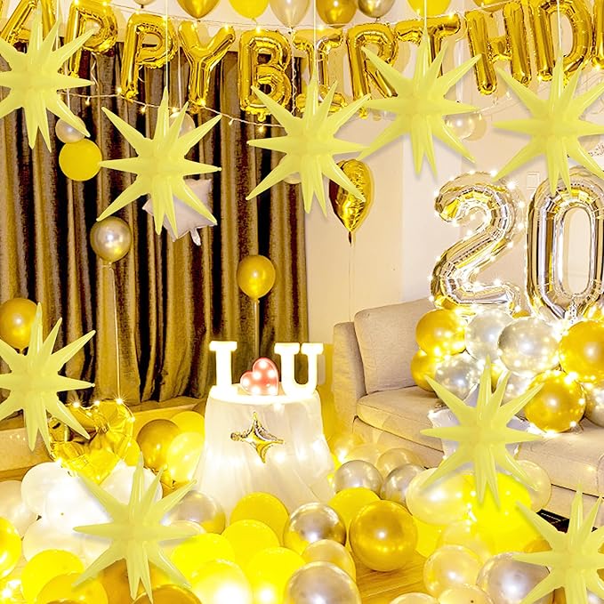 TONIFUL 4 Pcs 22inch 4D Light Yellow Explosion Star Mylar Balloons for Party Backdrop Christmas,New Year Birthday, Wedding Baby Shower Anniversary Photo Booth Supplies