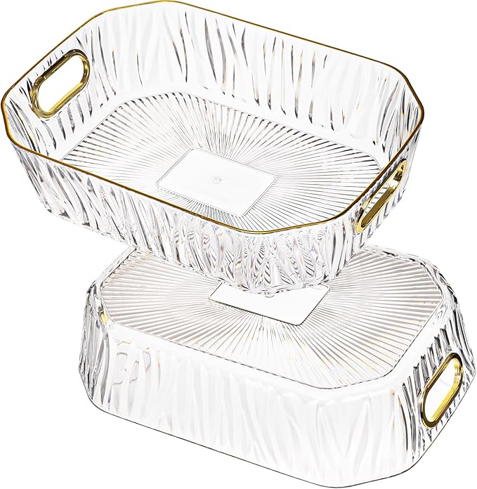 3 Pack Clear Serving Tray, Deep Fruit Snack Platter with Handle Gold Rim, Decorative Makeup Organizer Glass Cup Holder for Pantry, Party Food Display, Bathroom