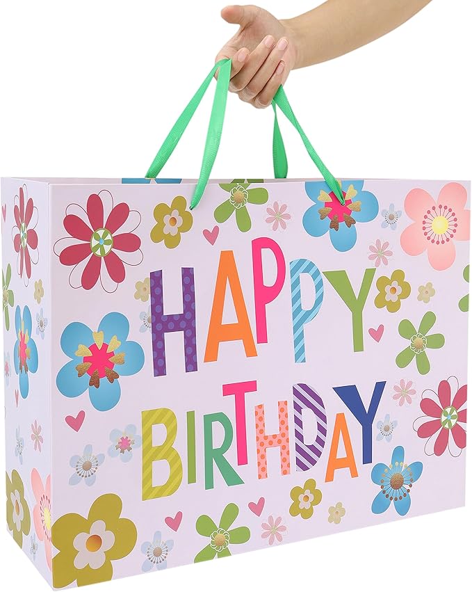 Qirrmiy 16.5” Extra Large Colorful Happy Birthday Gift Bag Set with Handles, Greeting Card, Tissue Papers and Stickers for Kids, Women, Girls, Newborn, New Moms or Parents, 1 Pcs