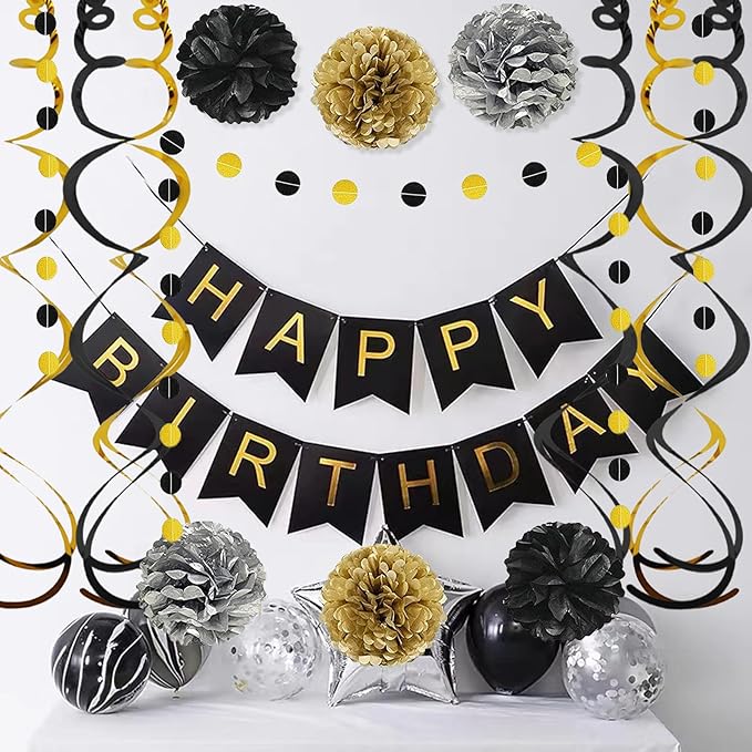 PATYDECRO Birthday Decorations, Happy Birthday Banner with Stars Hanging Swirl Streamers Honeycomb Balls Paper Circle Garland For Party Supplies(Black Gold Silver)