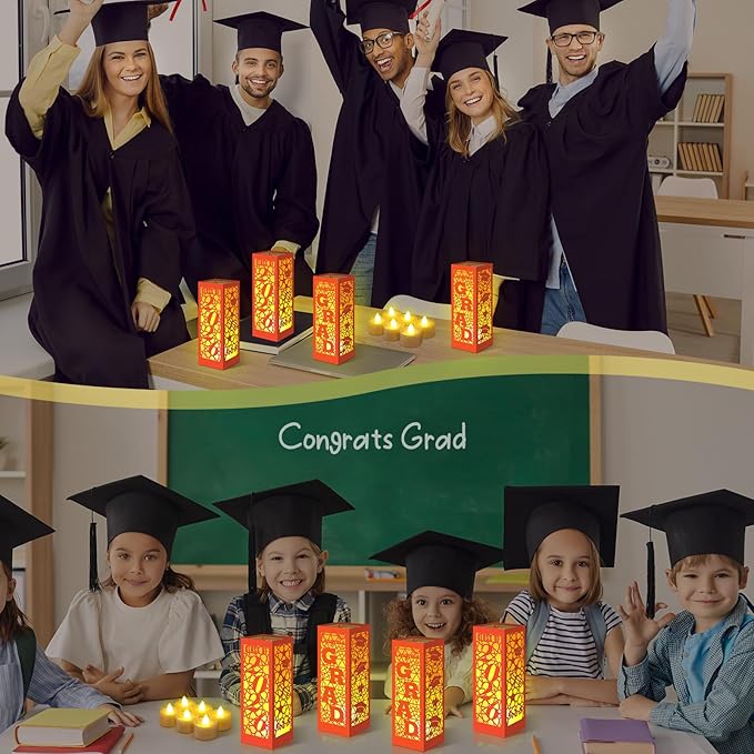 Rossesay 6 Pcs Graduation Table Centerpieces Boxes Class of 2026 Graduation Lanterns for Centerpieces with LED Candles Congrats Grad School College Photo Props for Party Table Decoration (Orange)