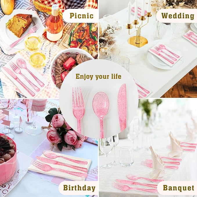 150 Pcs Pink Silverware Set Heavy Duty Pink Plastic Silverware - 50 Forks, 50 Knives, 50 Spoons for Brithday, Valentine's Day, Wedding, Baby Shower, Bridal Shower