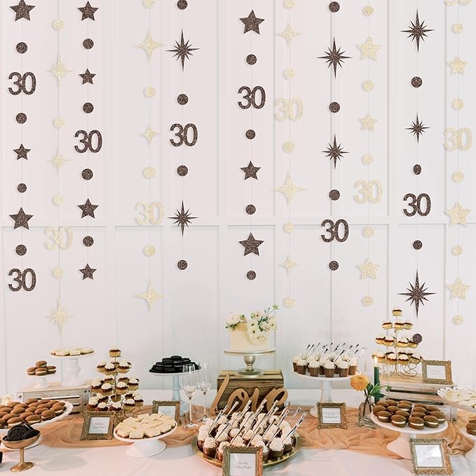 Champagne Gold Brown 30th Birthday Decorations Number 30 Circle Dot Star Garland Streamer Banner Backdrop for Women Men Dirty Thirty Cheers to 30 Years Old Birthday 30th Anniversary Party Supplies