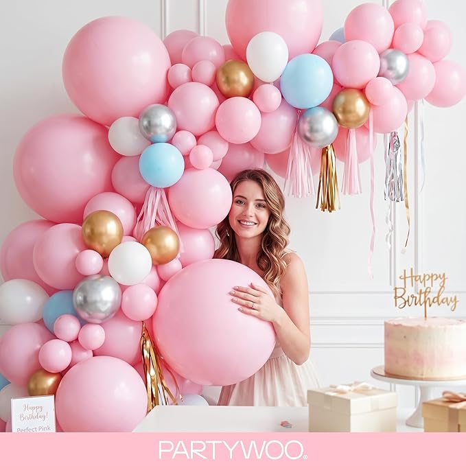PartyWoo Pink Balloons 140 pcs Different Sizes of 18 12 10 5 Inch Pastel Pink Balloons Arch Kit Garland for Baby Shower Gender Reveal Birthday Bridal Shower Princess Party Decorations Pink-Q05