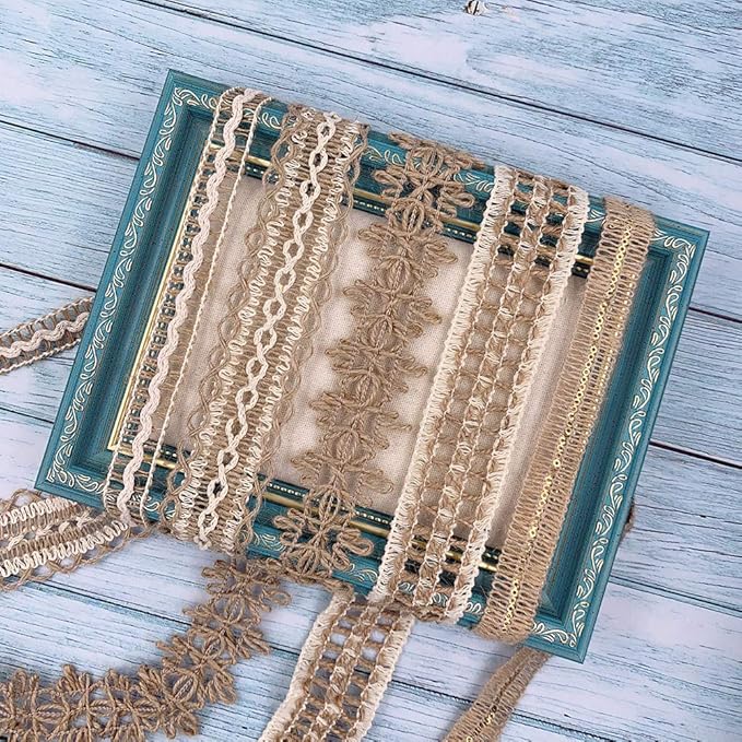 Burlap Ribbons,8 Rolls Burlap Lace Burlap Wedding Ribbon Natural Jute Rope Twine String for Crafts Gift Wrapping Wedding Party Home Decoration(17.6 Yards)