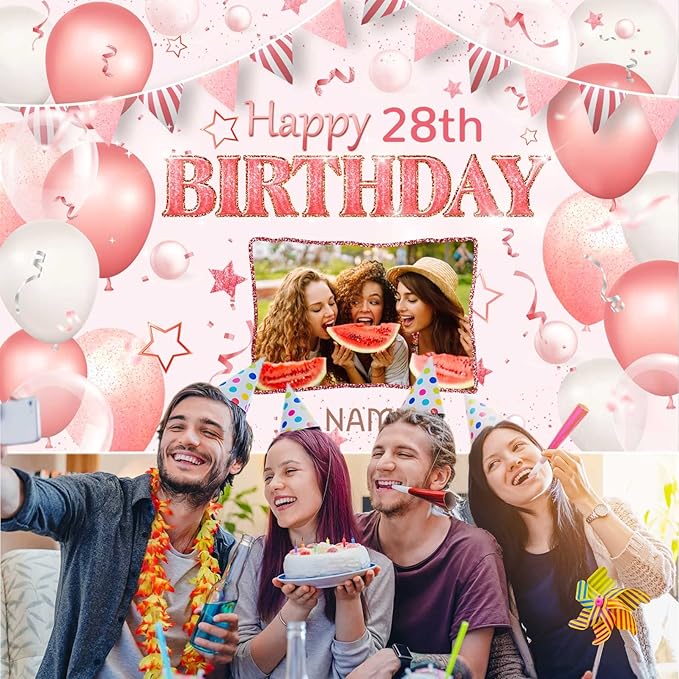 Custom Pink and Rose Gold Happy Birthday Party Decorations Supplies Birthday Party Backdrop for Women and Girls,Personalization Happy Birthday Banner Background