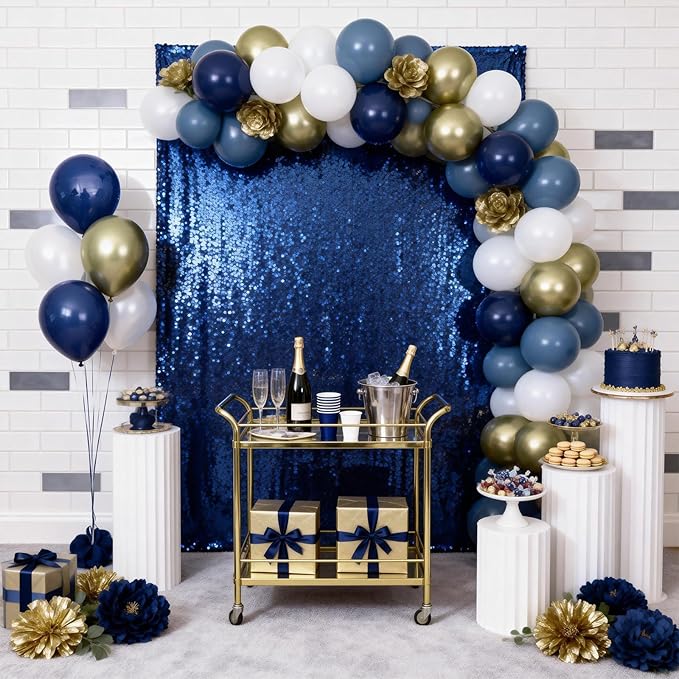 Retro Navy Blue Gold and White Balloons, 12inch Pastel Dark Light Blue White Latex Balloons with Metallic Chrome Gold Party Balloon for Boy Birthday Bridal Baby Shower Graduation Party Decorations