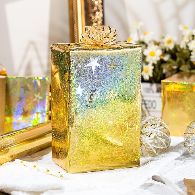 Burymento Gold Wrapping Paper, Metallic Holographic Star Gift Wrap with Shining Design for Birthday, Valentines, Mothers day, Graduation, Wedding, Fathers day, Baby Shower, Christmas (17 IN x 32.8 FT)