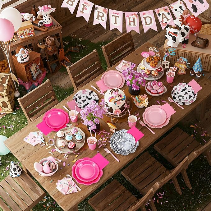 144 Pcs 48 Guests Cowgirl Party Plates and Napkins Sets Western Paper Plates and Napkins Pink Disco Disposable Tableware for Rodeo Birthday Bachelorette Western Wedding Tea Party Supplies