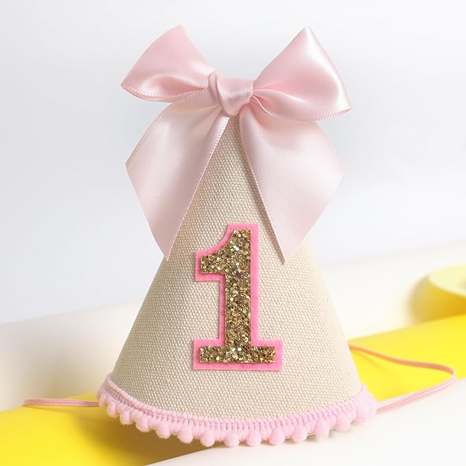 Pink Bow 1st Birthday Hat For Girl -Pink Girls First Birthday Decorations,Princess Theme Photo Prop,Size: 5.5×3.1 In