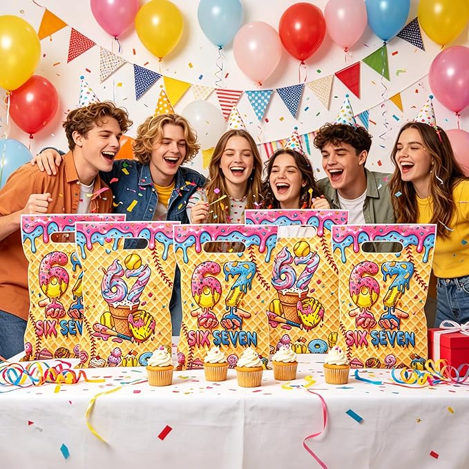 MOIZYNG 50Pcs 6 7 Bithday Gift Bags with Handles, Baseball Ice Cream Drip Plastic Candy Treat Goodie Bags, Funny 67 Six Seven Sports Themed Birthday Party Favors Decorations